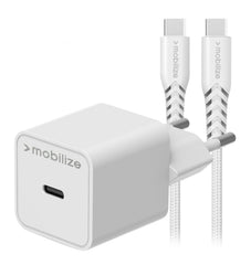 Mobilize Wall Charger Usb-C Gan 30W With Pd/Pps + Usb-C Nylon Cable 1.2M White