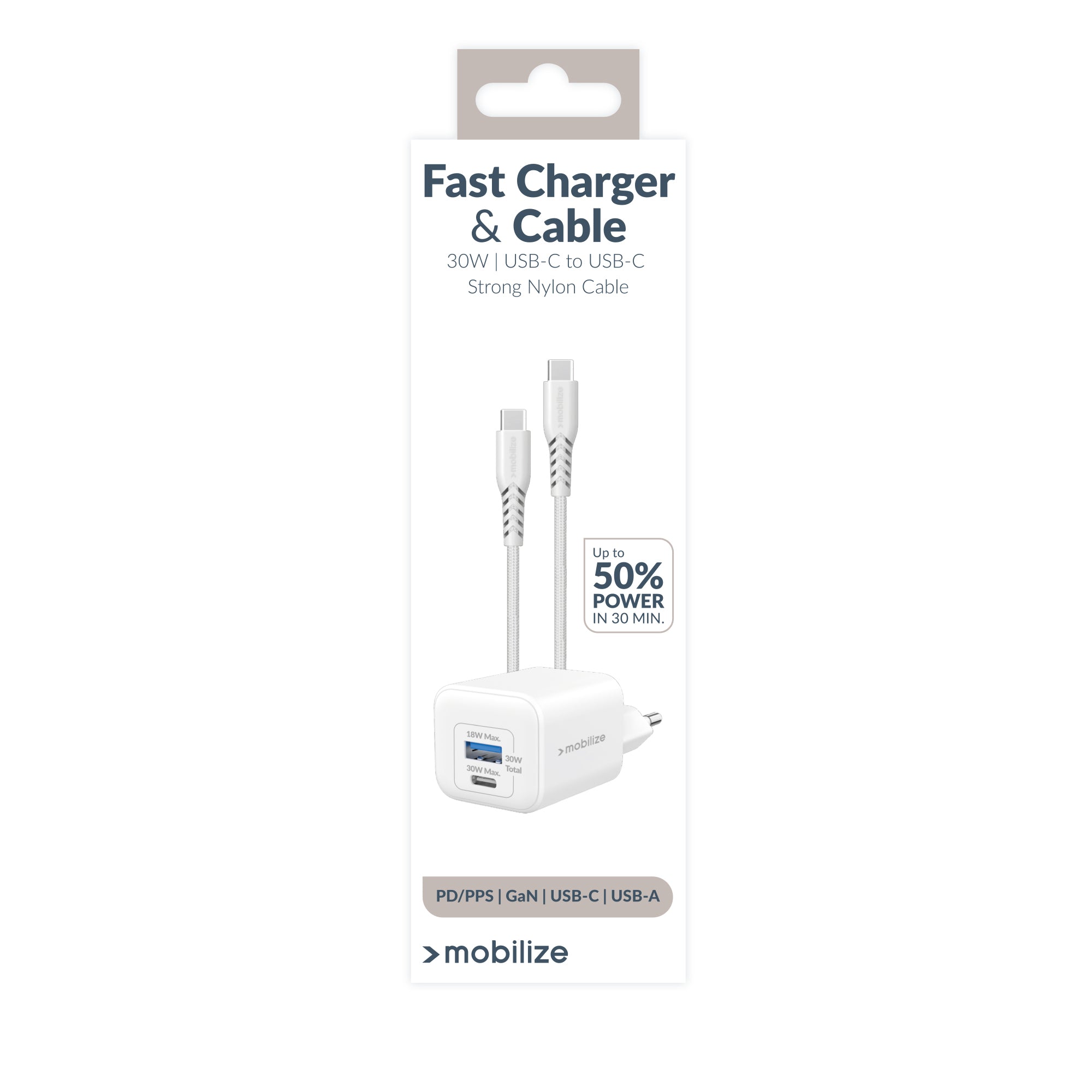 Mobilize Wall Charger Usb-C + Usb Gan 30W With Pd/Pps + Usb-C Nylon Cable 1.2M White