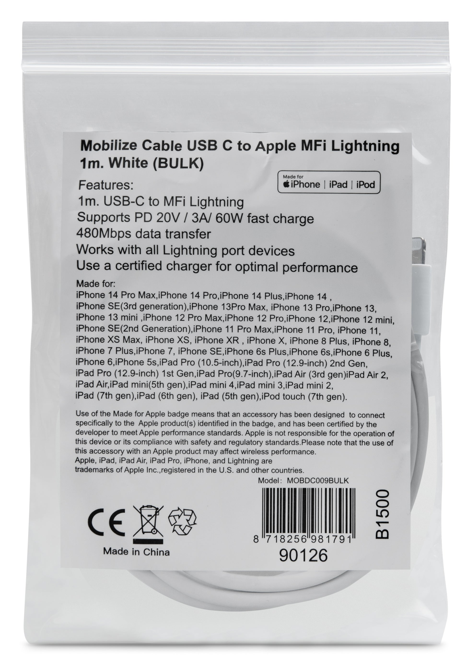 Mob Oem Cable Usb-C To Apple Lightning (Non Mfi) 1M. White (Bulk)