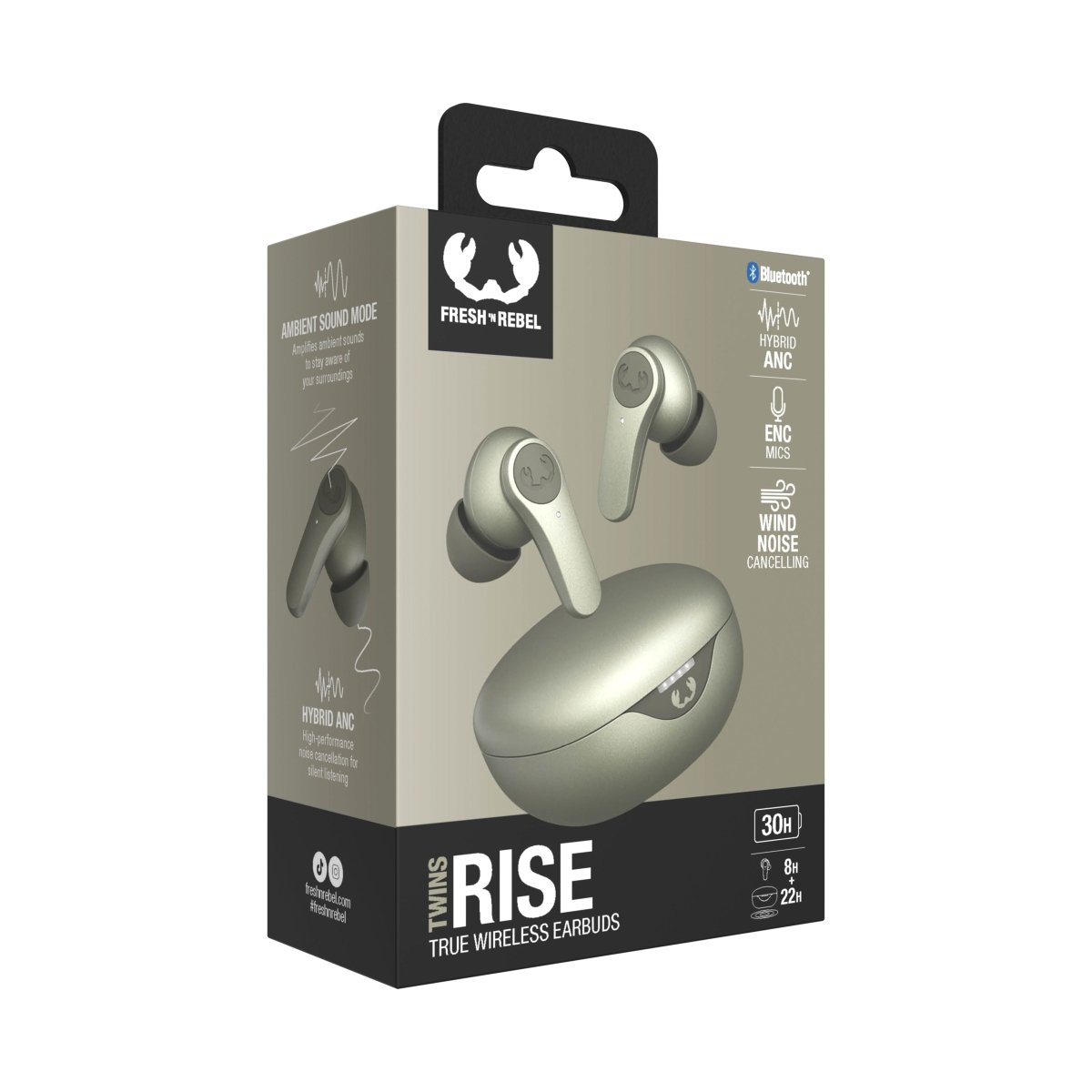Fresh 'n Rebel Twins Rise - Draadloze Oordopjes - Noise Cancelling - Draadloos opladen - Dried Green - 123TelecomShop