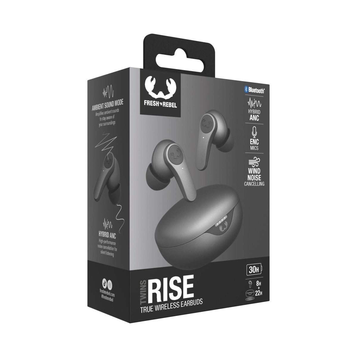 Fresh 'n Rebel Twins Rise - Draadloze Oordopjes - Noise Cancelling - Draadloos opladen - Storm Grey - 123TelecomShop