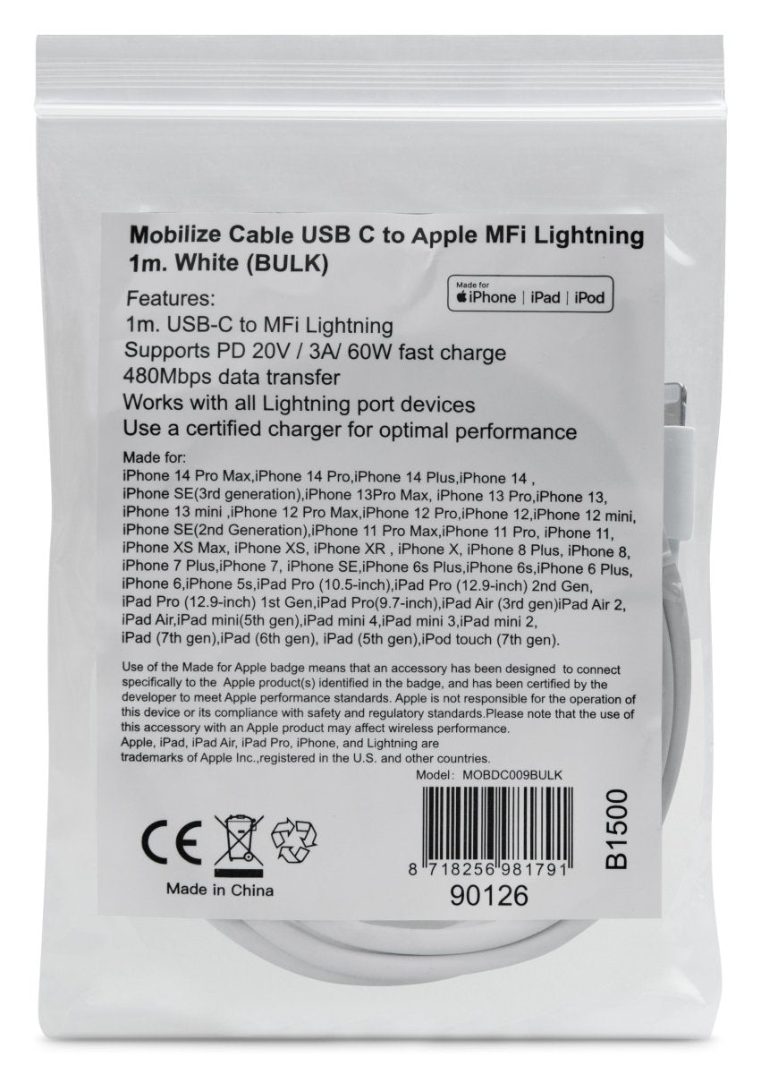Mob Oem Cable Usb-C To Apple Lightning (Non Mfi) 1M. White (Bulk) - 123TelecomShop