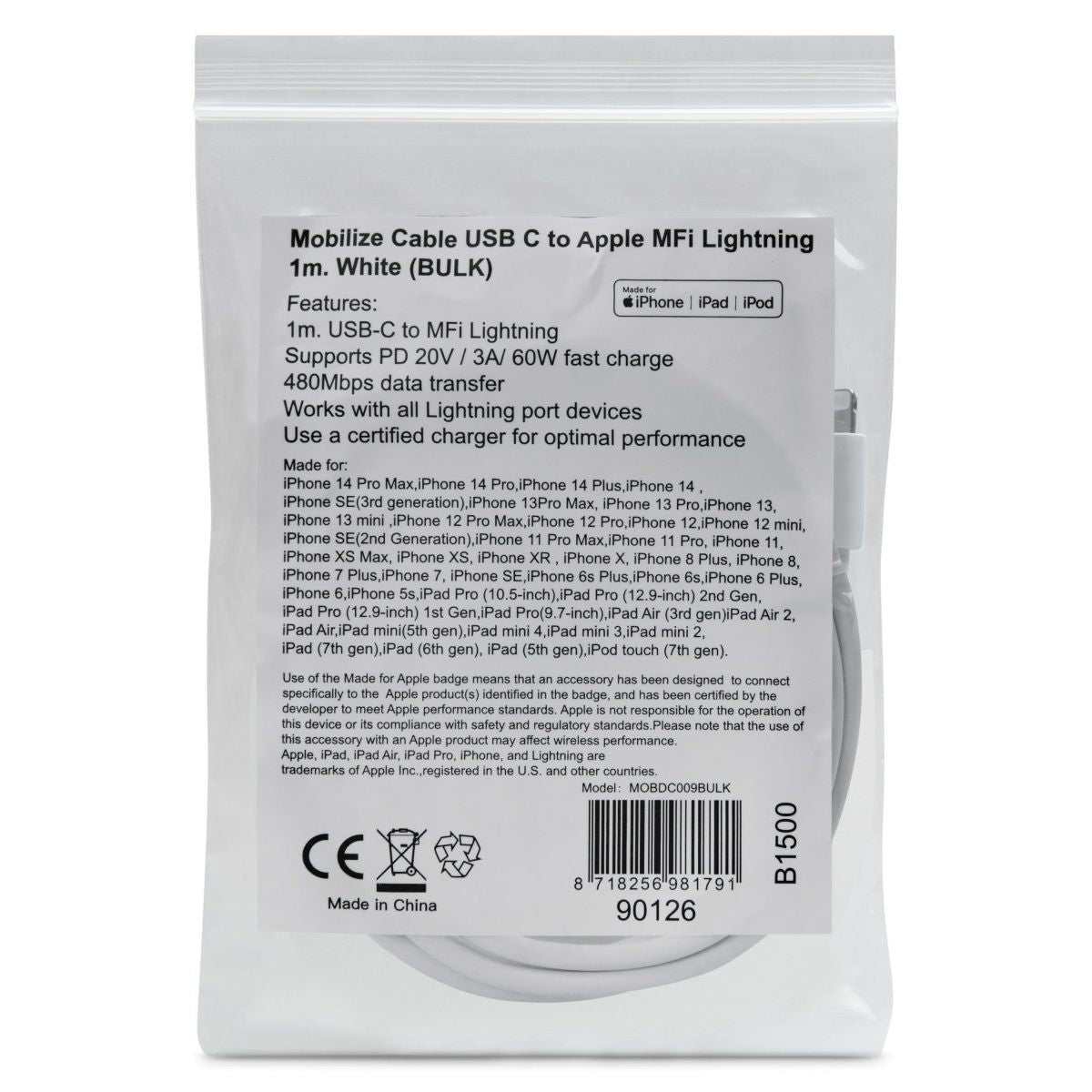Mob Oem Cable Usb-C To Apple Lightning (Non Mfi) 1M. White (Bulk) - 123TelecomShop