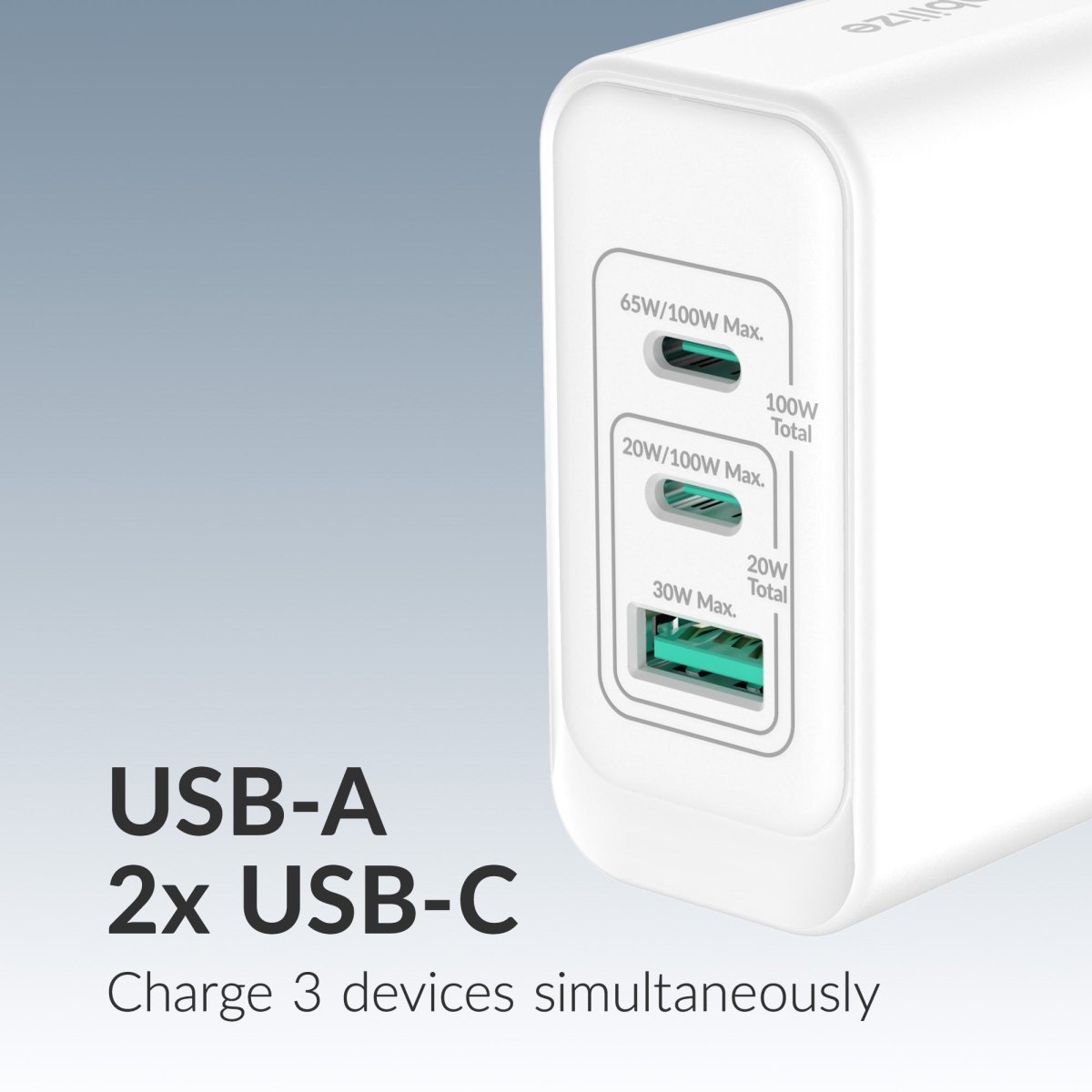 Mobilize Wall Charger 2X Usb-C + 1X Usb Gan 100W With Pd/Pps White - 123TelecomShop