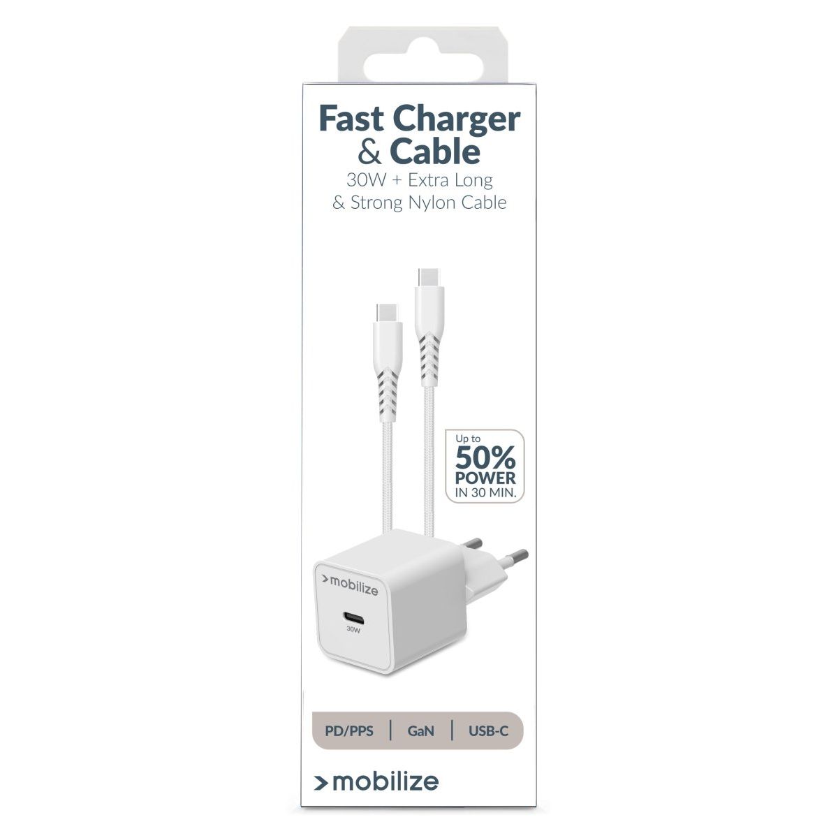 Mobilize Wall Charger Usb-C Gan 30W With Pd/Pps + Usb-C Nylon Cable 1.2M White - 123TelecomShop