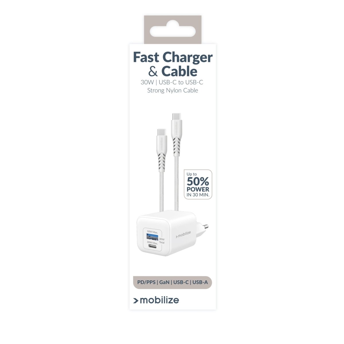 Mobilize Wall Charger Usb-C + Usb Gan 30W With Pd/Pps + Usb-C Nylon Cable 1.2M White - 123TelecomShop
