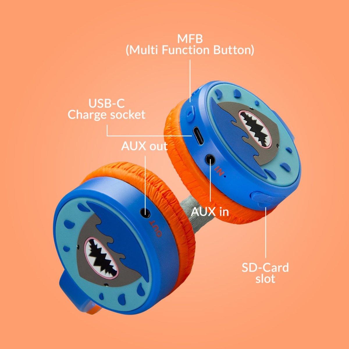 Mobilize Wireless/Wired Over Ear Kids Headphone 85Db Shark - 123TelecomShop