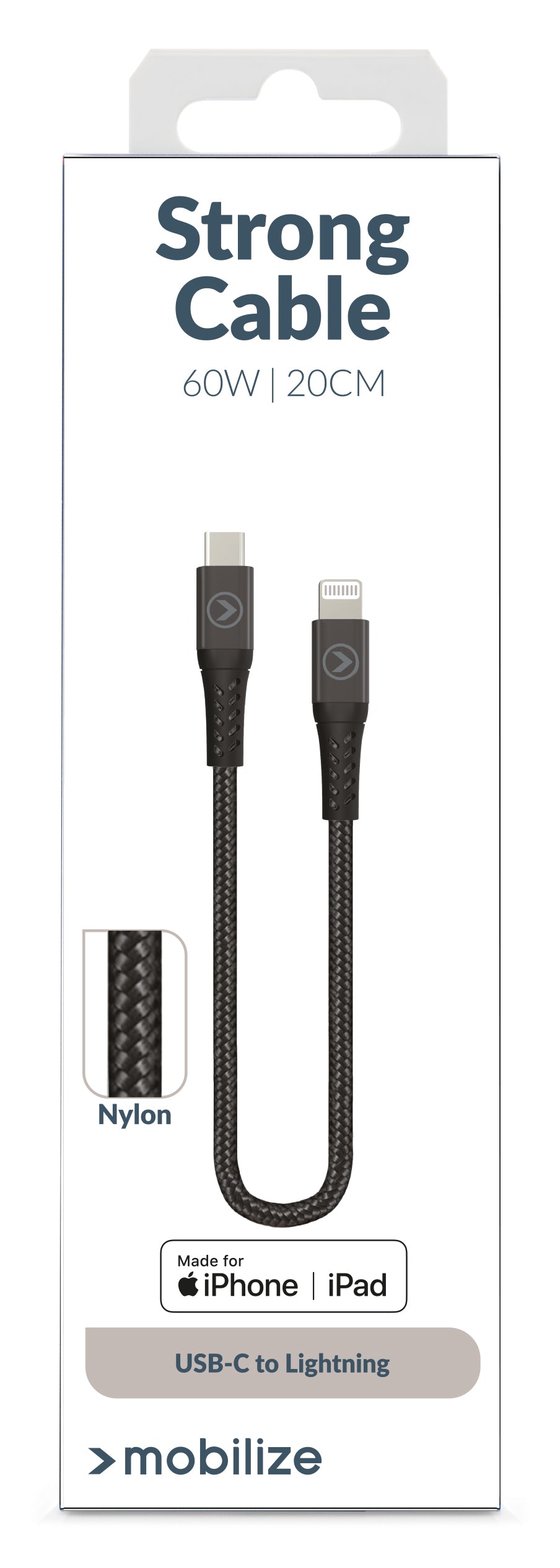 Mobilize Strong Nylon Cable Usb-C To Mfi Lightning 20Cm. 60W Black