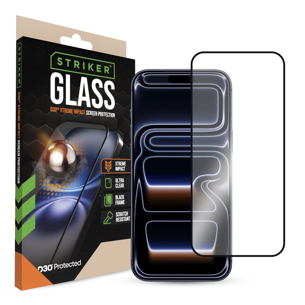 Striker D3O Xtreme Impact Glass Screen Protector - Black Frame - Apple Iphone 16 Pro Max/17 Pro Max/18 Pro Max