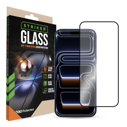 Striker D3O Xtreme Impact Glass Screen Protector - Black Frame - Apple Iphone 16 Pro Max/17 Pro Max/18 Pro Max