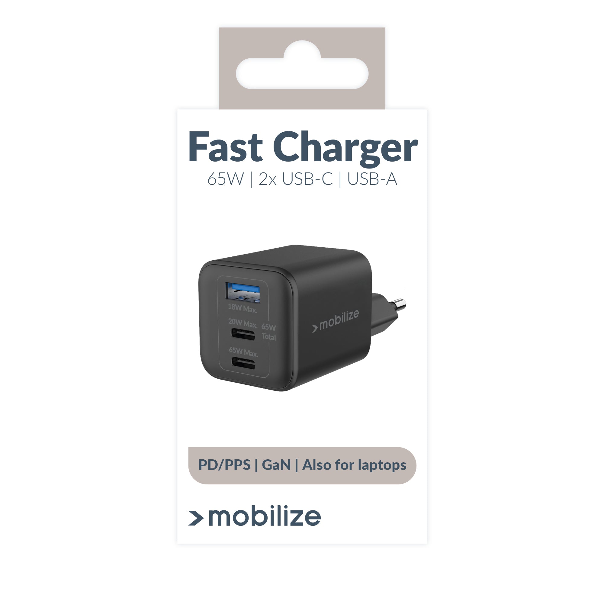 Mobilize Wall Charger 2X Usb-C + 1X Usb Gan 65W With Pd/Pps Black