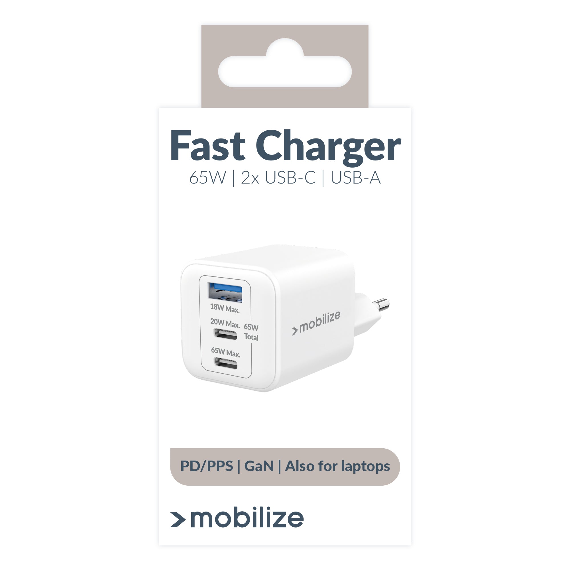 Mobilize Wall Charger 2X Usb-C + 1X Usb Gan 65W With Pd/Pps White