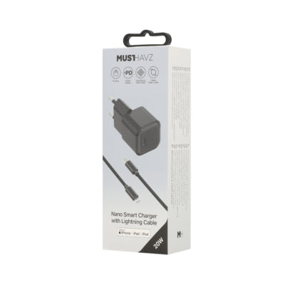 Musthavz-Adapter mit Kabel – 20 W – USB-C und Apple Lightning – Schwarz