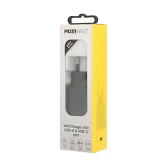 Musthavz Doppel-Home-Ladegerät-Netzteil – 20 W – USB-A und USB-C – Schwarz