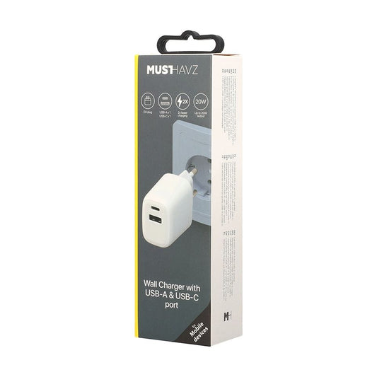 Musthavz Doppel-Home-Ladegerät-Netzteil – 20 W – USB-A und USB-C – Weiß