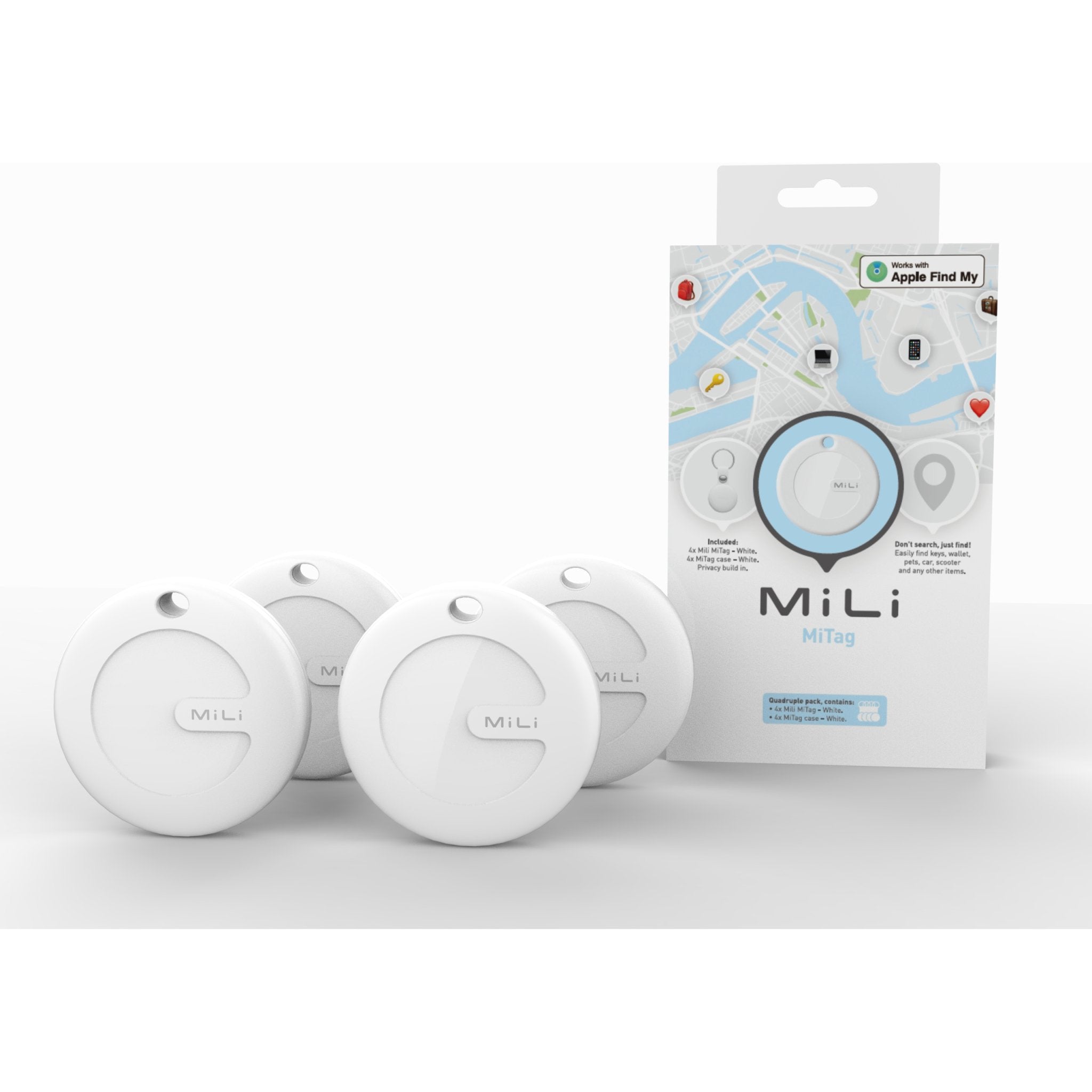 MiLi MiTag iOS FindMy Bluetooth Tracker met Sleutelhanger 4 Stuks - Wit - 123TelecomShop