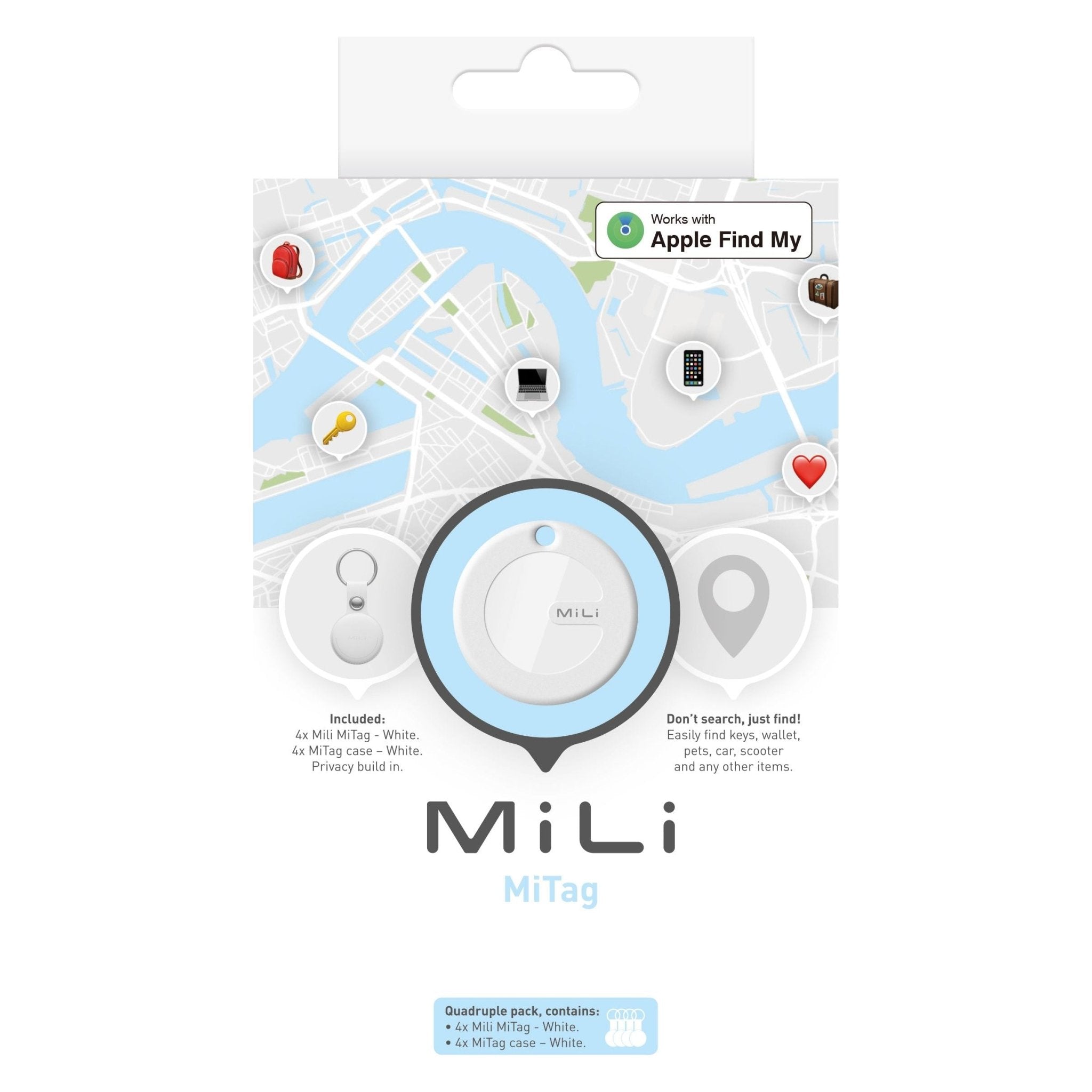 MiLi MiTag iOS FindMy Bluetooth Tracker met Sleutelhanger 4 Stuks - Wit - 123TelecomShop