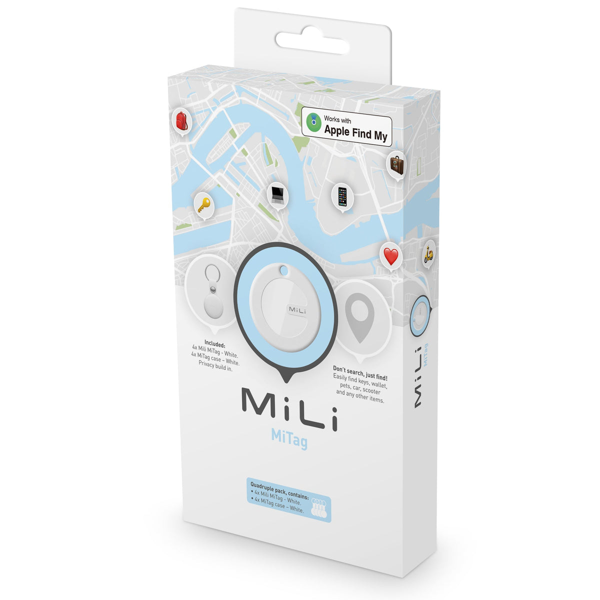 MiLi MiTag iOS FindMy Bluetooth Tracker met Sleutelhanger 4 Stuks - Wit - 123TelecomShop