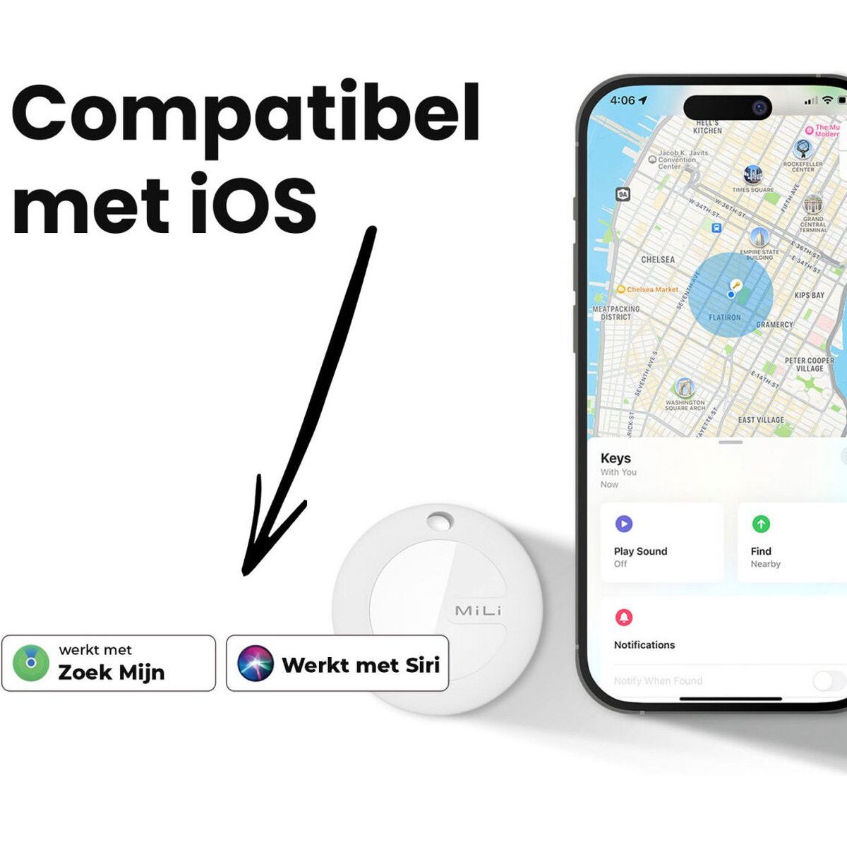 MiLi MiTag iOS FindMy Bluetooth Tracker met Sleutelhanger 4 Stuks - Wit - 123TelecomShop