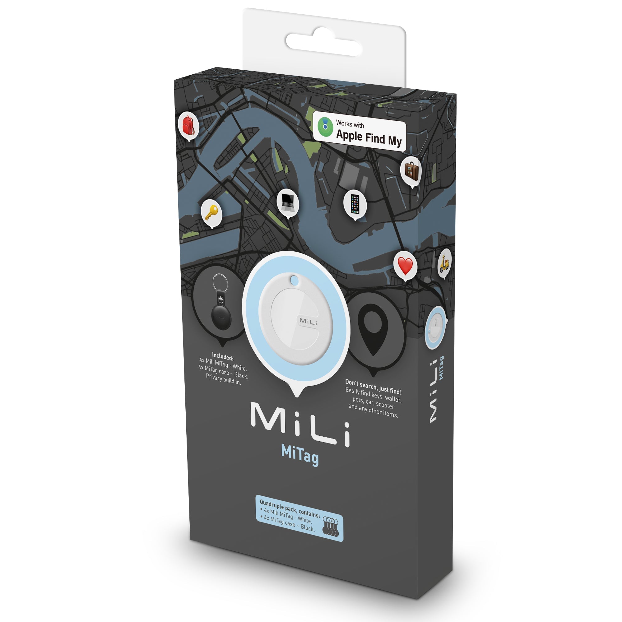 MiLi MiTag iOS FindMy Bluetooth Tracker met Sleutelhanger 4 Stuks - Zwart - 123TelecomShop