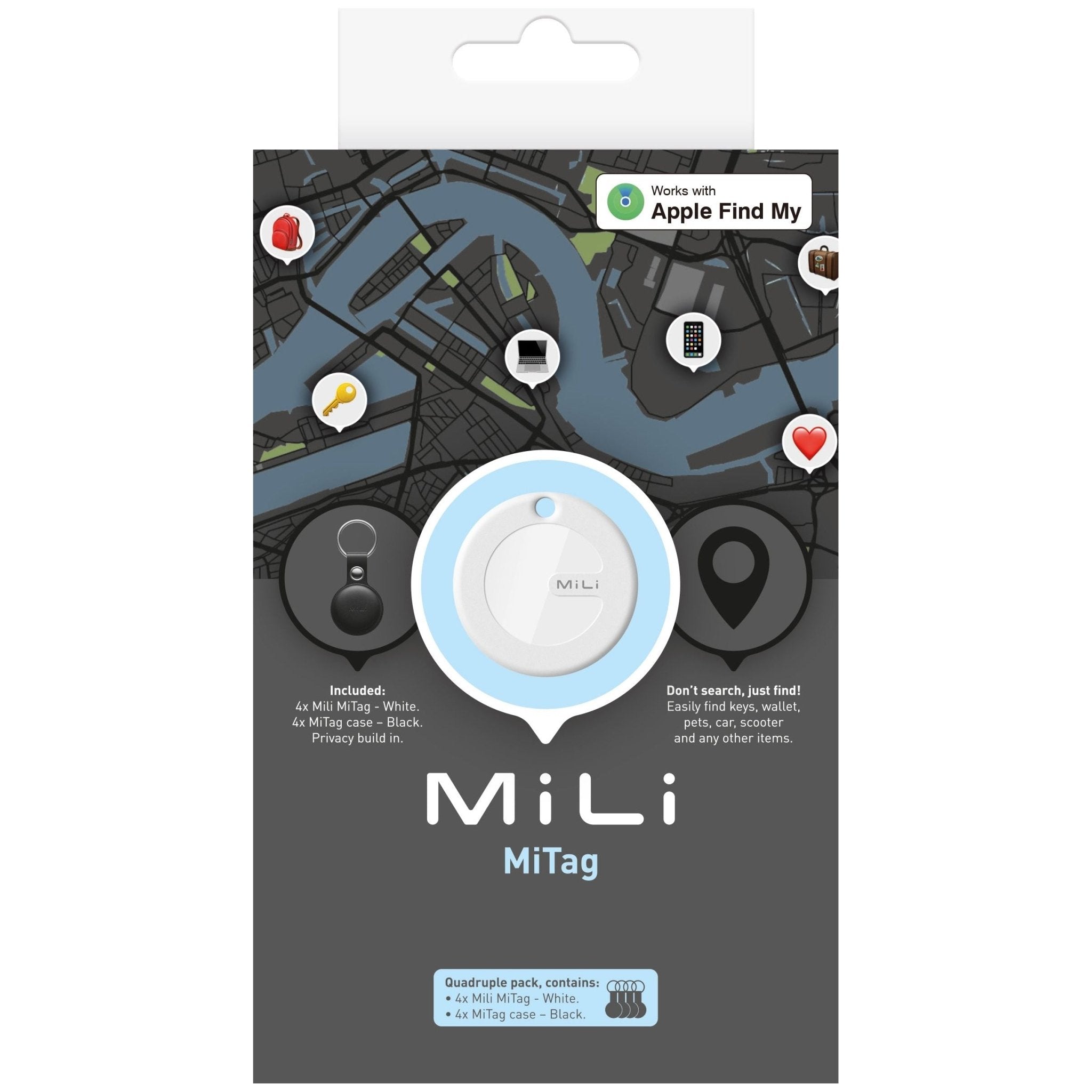 MiLi MiTag iOS FindMy Bluetooth Tracker met Sleutelhanger 4 Stuks - Zwart - 123TelecomShop