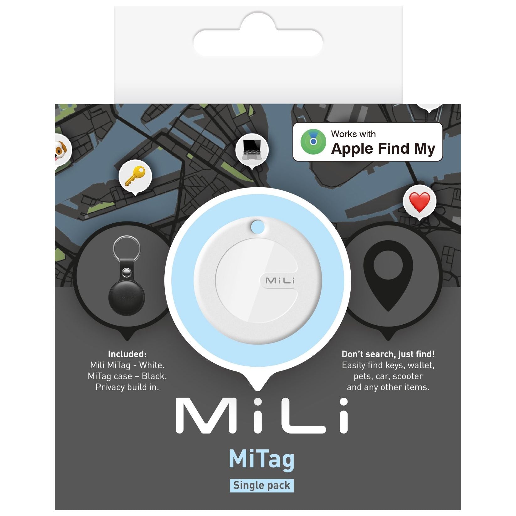 MiLi MiTag iOS FindMy Bluetooth Tracker met Sleutelhanger - Zwart - 123TelecomShop