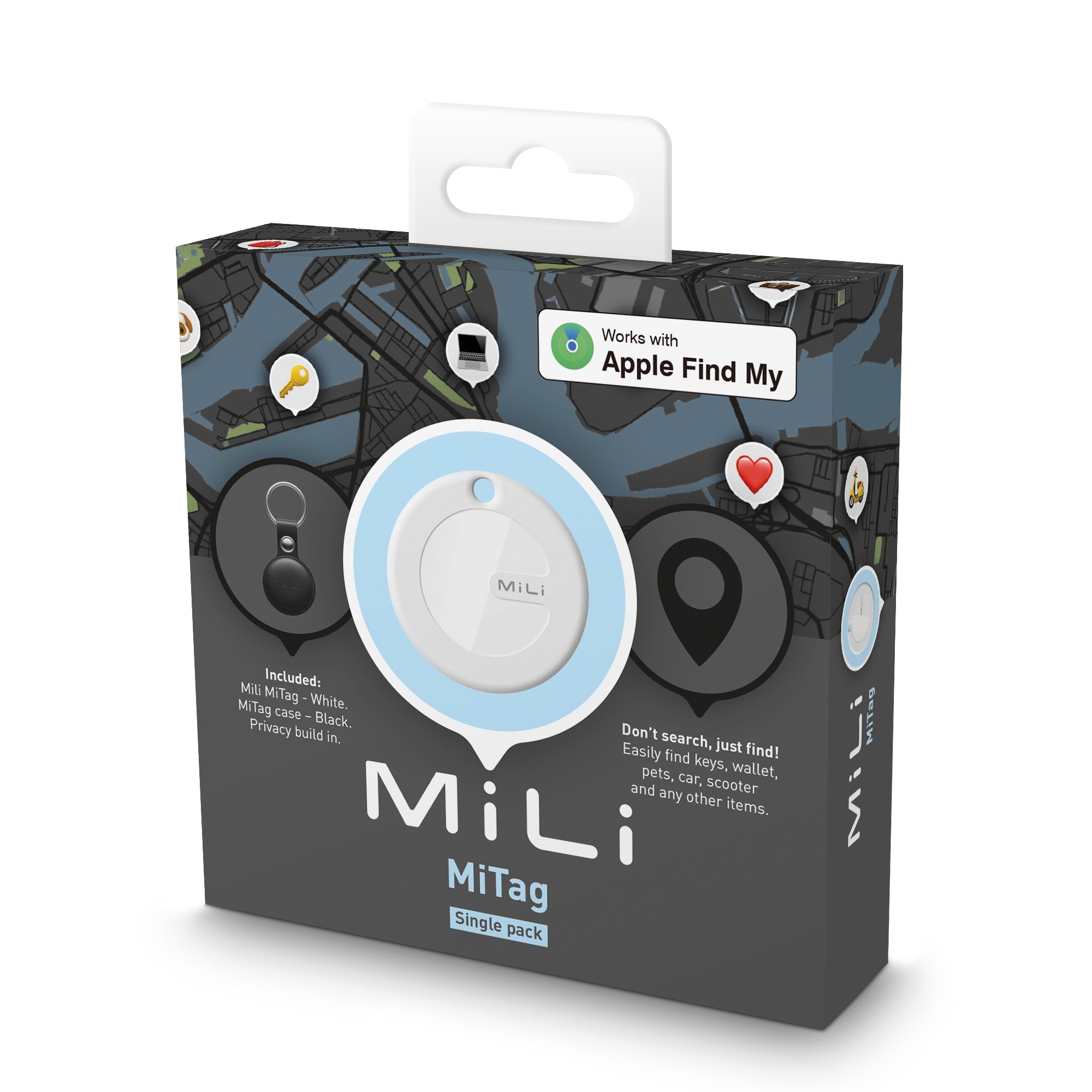 MiLi MiTag iOS FindMy Bluetooth Tracker met Sleutelhanger - Zwart - 123TelecomShop