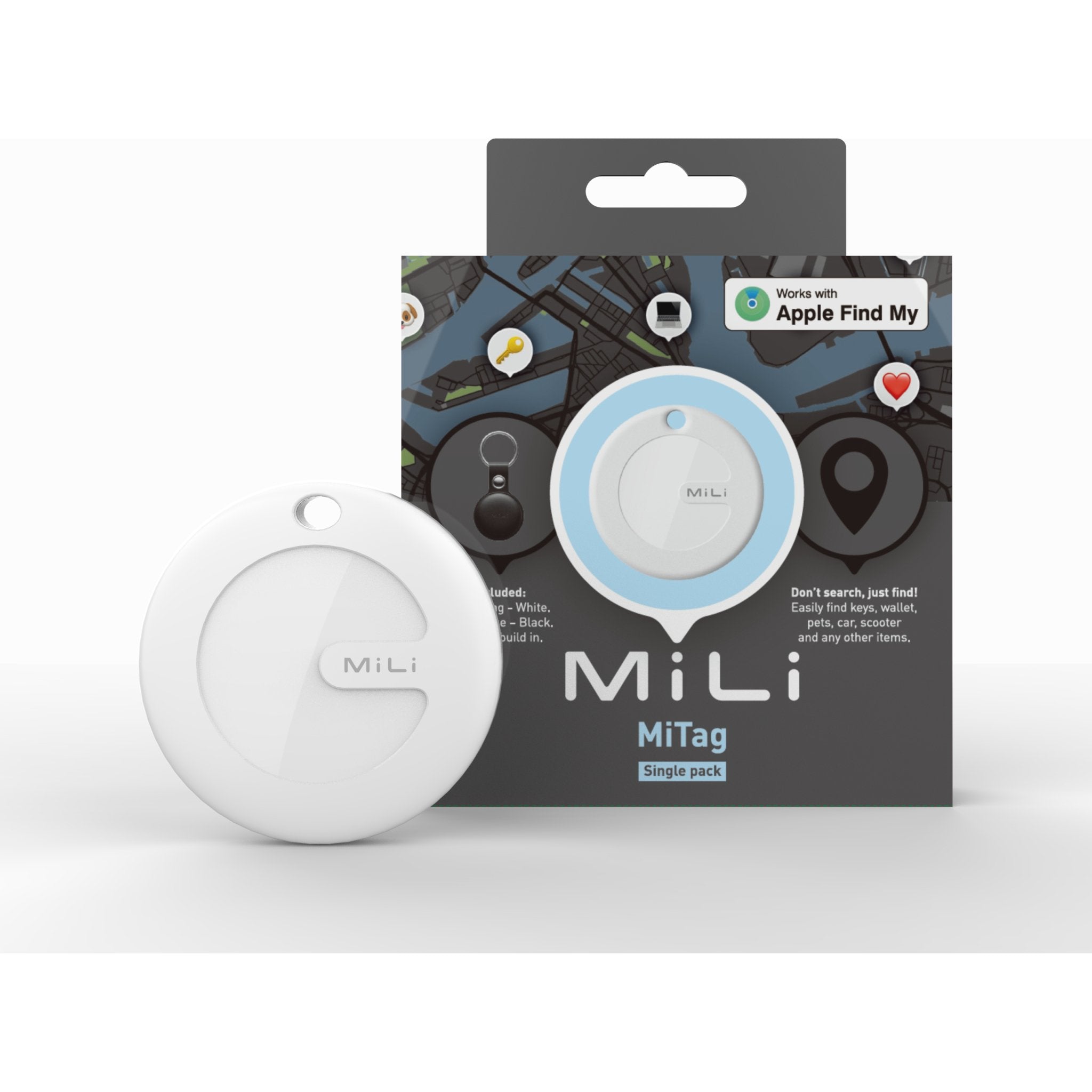 MiLi MiTag iOS FindMy Bluetooth Tracker met Sleutelhanger - Zwart - 123TelecomShop