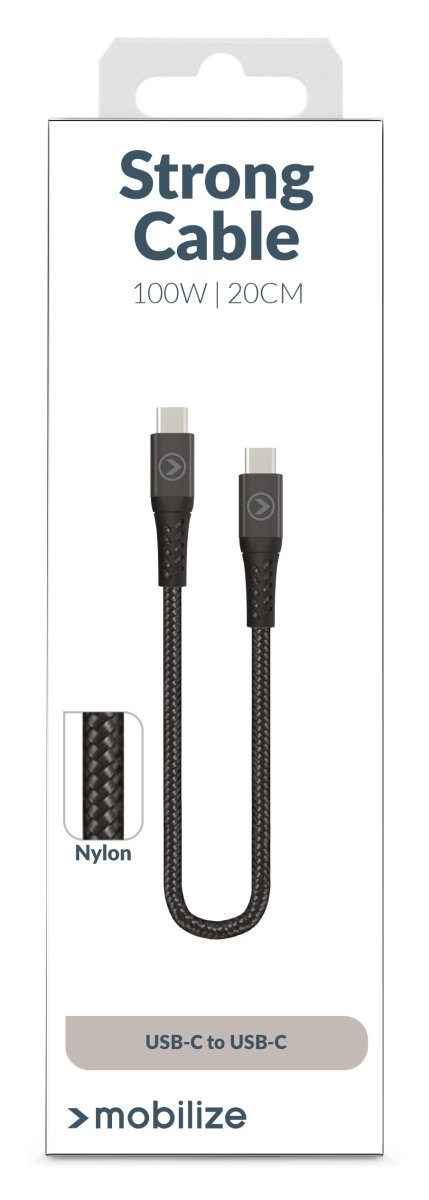 Mobilize Strong Nylon Cable Usb-C To Usb-C 20Cm. 100W Black - 123TelecomShop