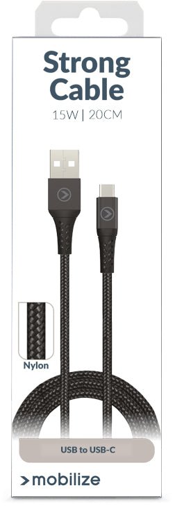 Mobilize Strong Nylon Cable Usb To Usb-C 20Cm. 15W Black - 123TelecomShop