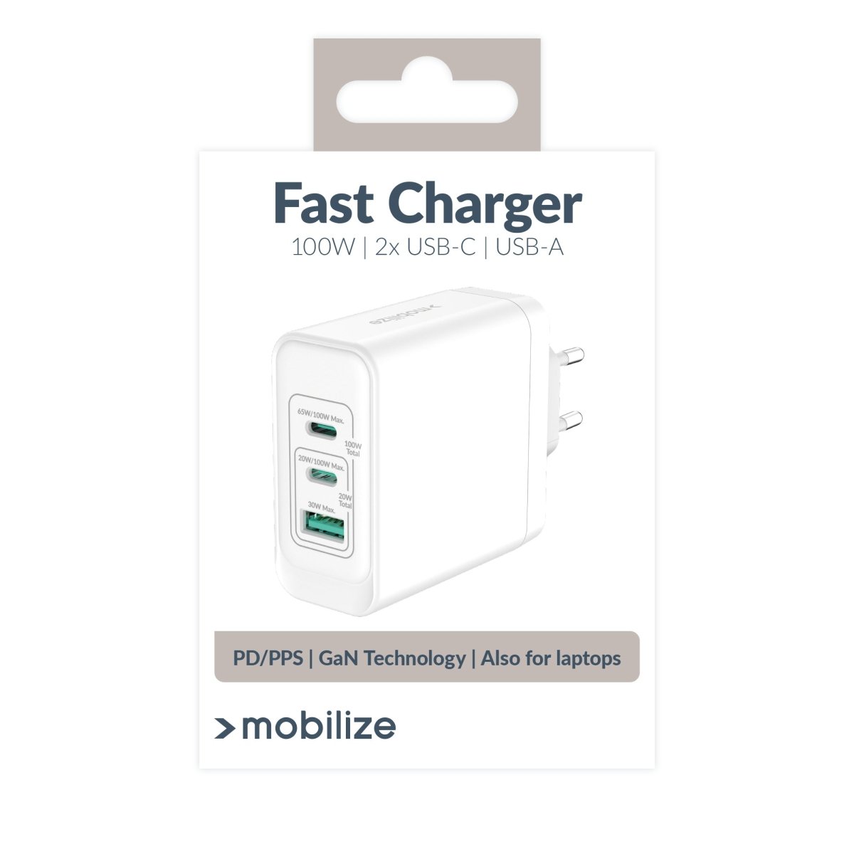 Mobilize Wall Charger 2X Usb-C + 1X Usb Gan 100W With Pd/Pps White - 123TelecomShop