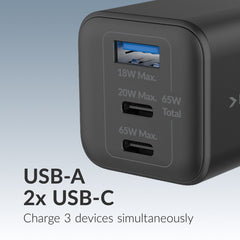 Mobilize Wall Charger 2X Usb-C + 1X Usb Gan 65W With Pd/Pps Black - 123TelecomShop