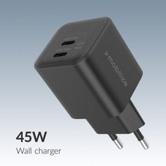 Mobilize Wall Charger 2X Usb-C Gan 45W With Pd/Pps Black - 123TelecomShop