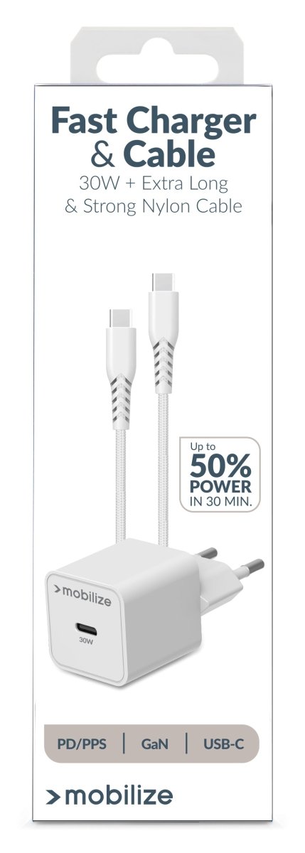 Mobilize Wall Charger Usb-C Gan 30W With Pd/Pps + Usb-C Nylon Cable 1.2M White - 123TelecomShop