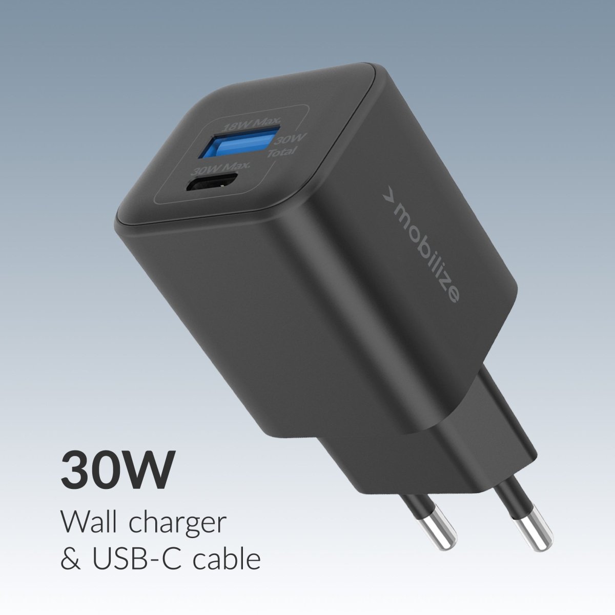 Mobilize Wall Charger Usb-C + Usb Gan 30W With Pd/Pps + Usb-C Nylon Cable 1.2M Black - 123TelecomShop