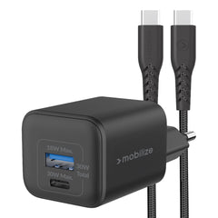 Mobilize Wall Charger Usb-C + Usb Gan 30W With Pd/Pps + Usb-C Nylon Cable 1.2M Black - 123TelecomShop