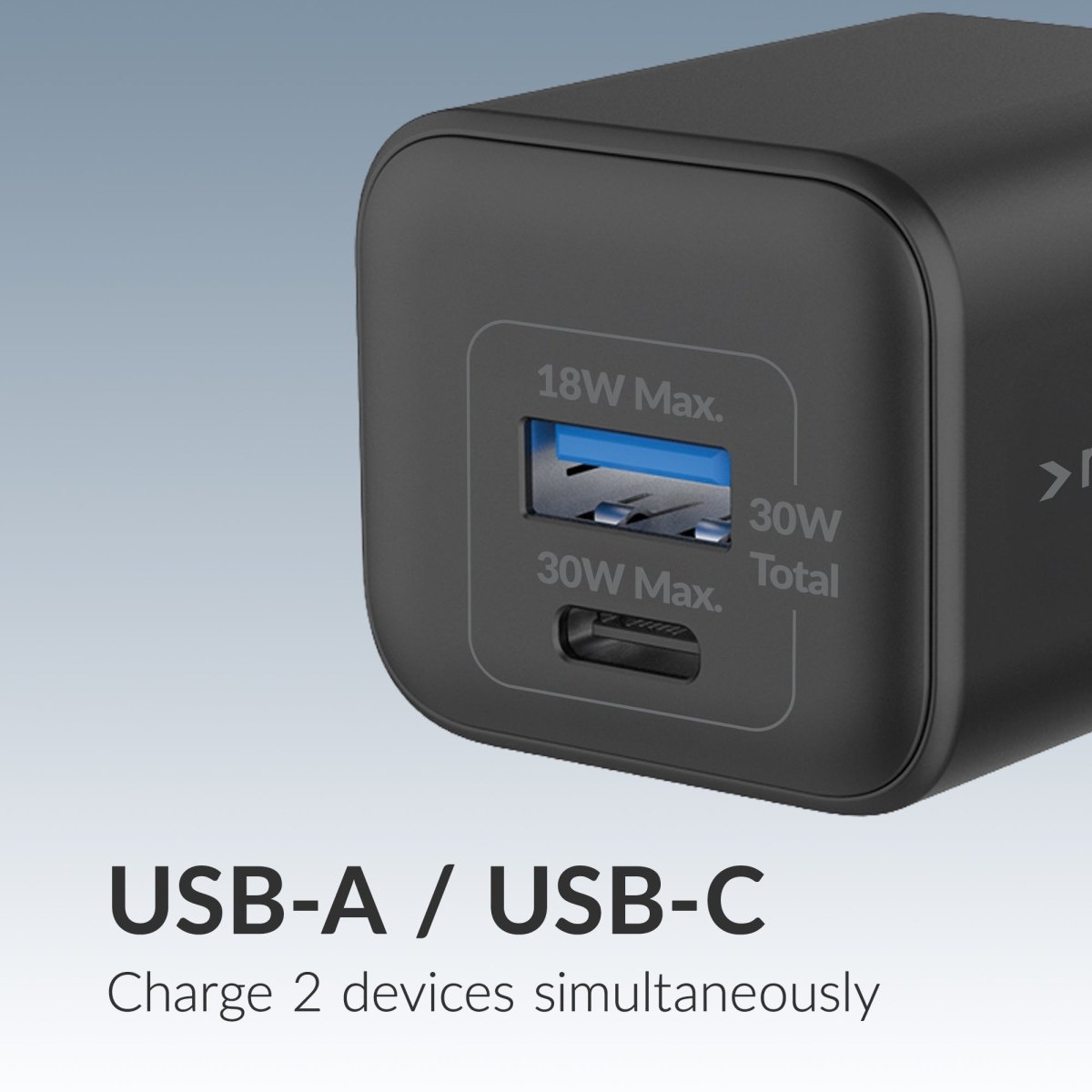 Mobilize Wall Charger Usb-C + Usb Gan 30W With Pd/Pps + Usb-C Nylon Cable 1.2M Black - 123TelecomShop