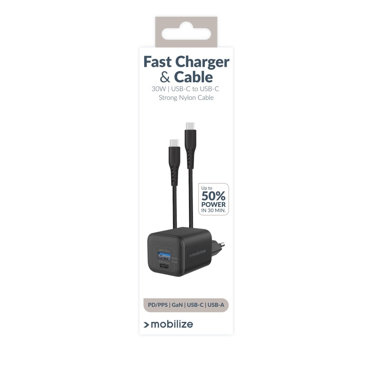 Mobilize Wall Charger Usb-C + Usb Gan 30W With Pd/Pps + Usb-C Nylon Cable 1.2M Black - 123TelecomShop