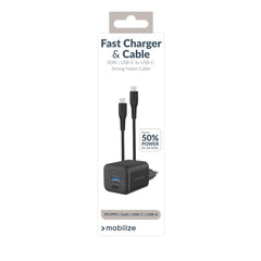 Mobilize Wall Charger Usb-C + Usb Gan 30W With Pd/Pps + Usb-C Nylon Cable 1.2M Black - 123TelecomShop