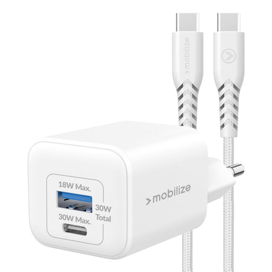 Mobilize Wall Charger Usb-C + Usb Gan 30W With Pd/Pps + Usb-C Nylon Cable 1.2M White - 123TelecomShop