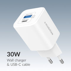 Mobilize Wall Charger Usb-C + Usb Gan 30W With Pd/Pps + Usb-C Nylon Cable 1.2M White - 123TelecomShop