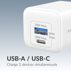 Mobilize Wall Charger Usb-C + Usb Gan 30W With Pd/Pps + Usb-C Nylon Cable 1.2M White - 123TelecomShop