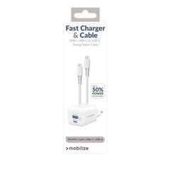 Mobilize Wall Charger Usb-C + Usb Gan 30W With Pd/Pps + Usb-C Nylon Cable 1.2M White - 123TelecomShop