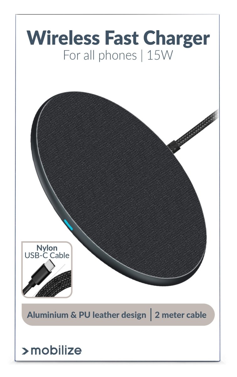 Mobilize Wireless Fast Charger Flat 5W/7.5W/10W/15W Pu Leather Grey - 123TelecomShop