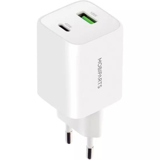 Mobiparts dubbele Thuislader USB - C/USB - A Voedingsadapter GaN - 45W - USB - C - Wit - 123TelecomShop