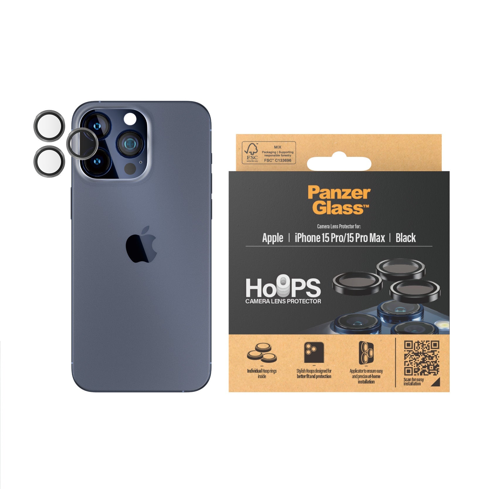 PanzerGlass Apple iPhone 15 Pro/15 Pro Max Hoops Camera Protector - Zwart - 123TelecomShop